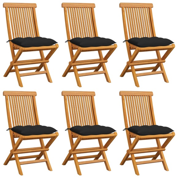 vidaXL Gartenstühle mit Schwarzen Kissen 6 Stk. Massivholz Teak