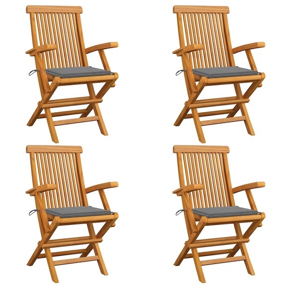 vidaXL Gartenstühle mit Grauen Kissen 4 Stk. Teak Massivholz