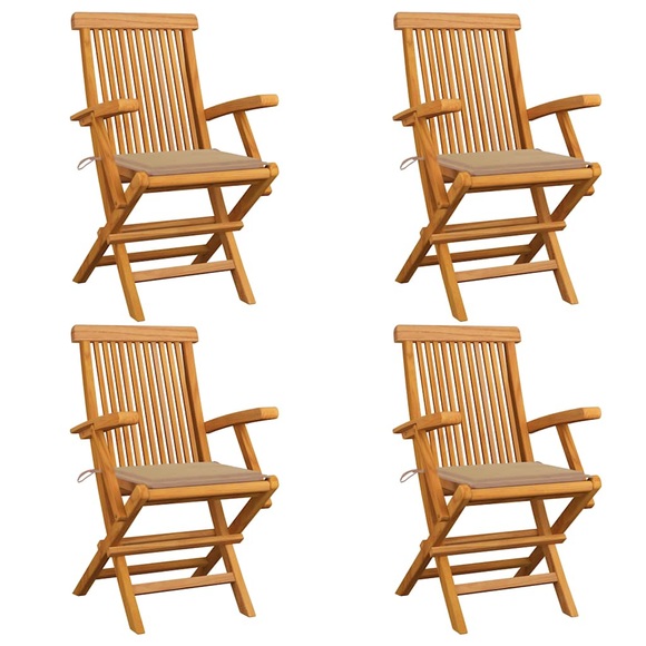 vidaXL Gartenstühle mit Beige Kissen 4 Stk. Teak Massivholz
