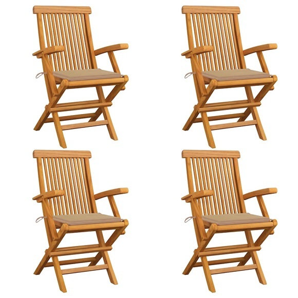 vidaXL Gartenstühle mit Beige Kissen 4 Stk. Teak Massivholz