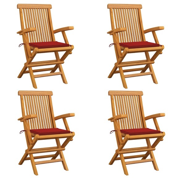 vidaXL Gartenstühle mit Roten Kissen 4 Stk. Teak Massivholz