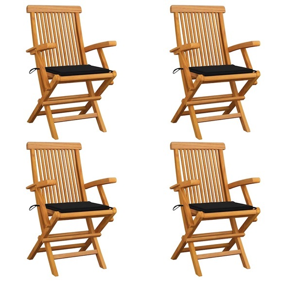vidaXL Gartenstühle mit Schwarzen Kissen 4 Stk. Teak Massivholz