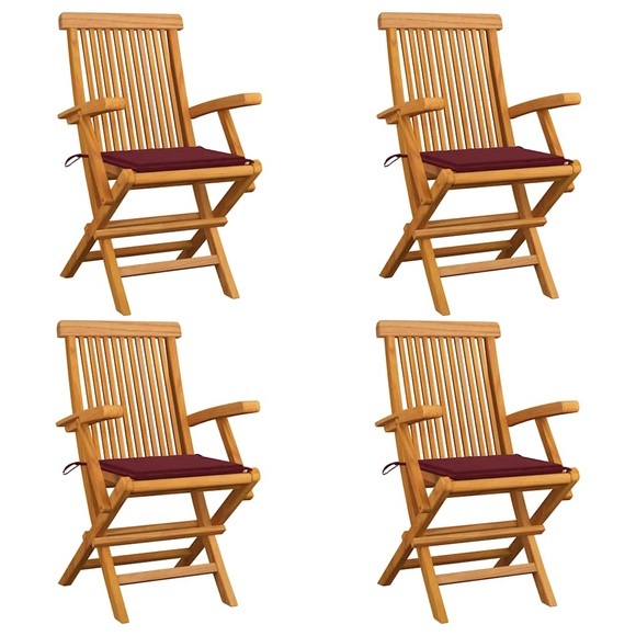 vidaXL Gartenstühle mit Weinroten Kissen 4 Stk. Massivholz Teak