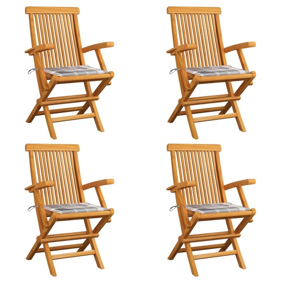 vidaXL Gartenstühle mit Kissen 4 Stk. Grau Karomuster Massivholz Teak