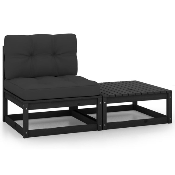 vidaXL 2-tlg. Garten-Lounge-Set mit Kissen Schwarz Massivholz Kiefer