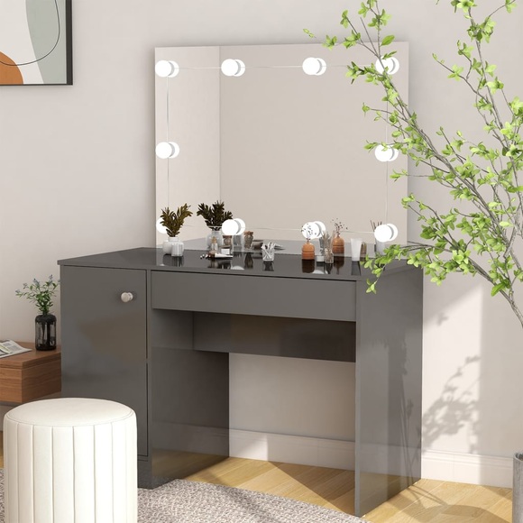 vidaXL Schminktisch LED-Beleuchtung 110x55x145cm MDF Glänzendes Grau