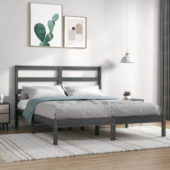 vidaXL Massivholzbett Grau 135x190 cm 4FT6 Double