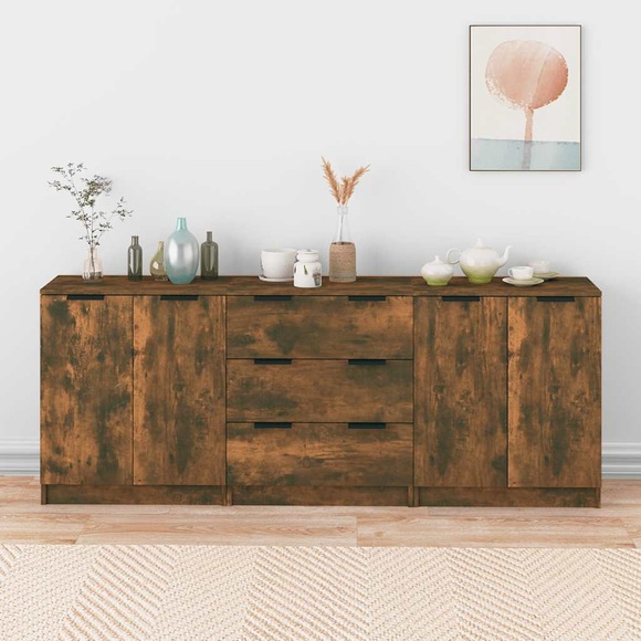 vidaXL 3-tlg. Sideboard Räuchereiche Holzwerkstoff