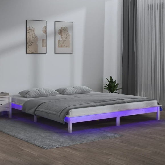 vidaXL Massivholzbett mit LEDs Weiß 160x200 cm