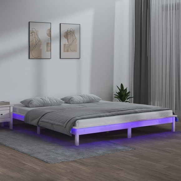 vidaXL Massivholzbett mit LEDs Weiß 200x200 cm