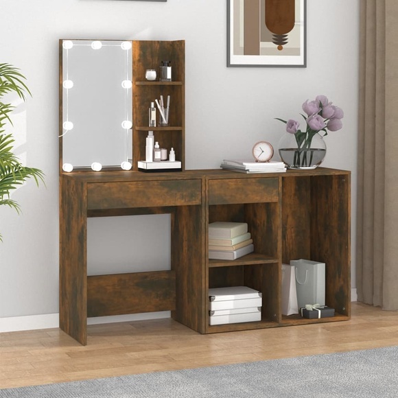 vidaXL LED-Schminktisch mit Schrank Räuchereiche Holzwerkstoff