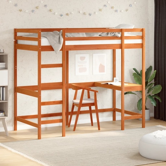 vidaXL Hochbett mit Schreibtisch Wachsbraun 90x200cm Massivholz Kiefer