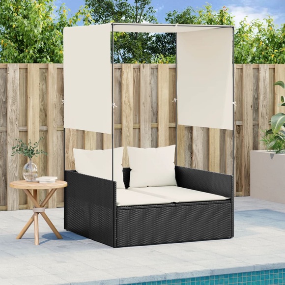 vidaXL Doppel-Sonnenliege mit Dach und Vorhängen Schwarz Poly-Rattan