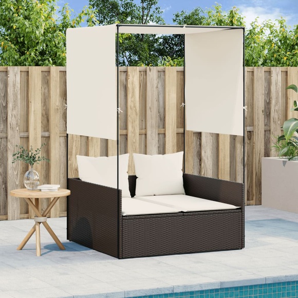 vidaXL Doppel-Sonnenliege mit Dach und Vorhängen Braun Poly-Rattan