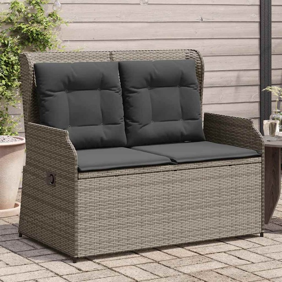 vidaXL Gartenbank Verstellbar mit Kissen Grau Poly Rattan