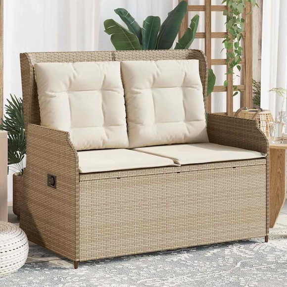 vidaXL Gartenbank Verstellbar mit Kissen Beige Poly Rattan