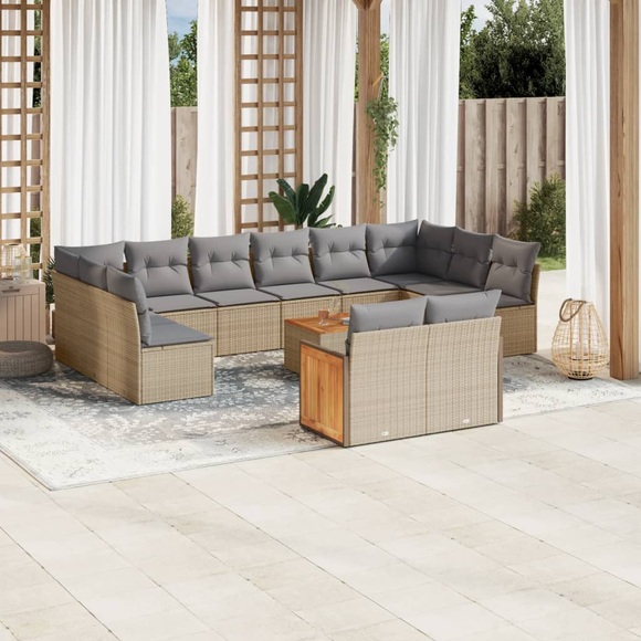 vidaXL 12-tlg. Garten-Sofagarnitur mit Kissen Beige Poly Rattan
