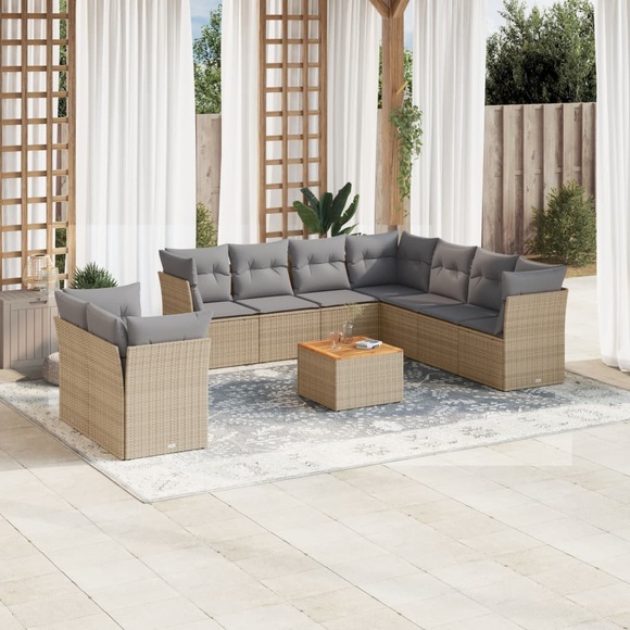 vidaXL 10-tlg. Garten-Sofagarnitur mit Kissen Beige Poly Rattan