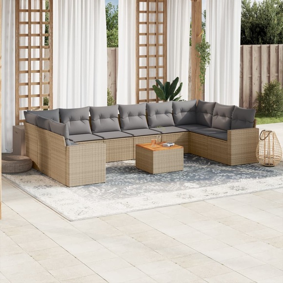 vidaXL 11-tlg. Garten-Sofagarnitur mit Kissen Beige Poly Rattan