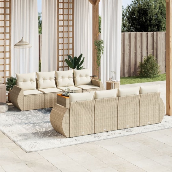 vidaXL 9-tlg. Garten-Sofagarnitur mit Kissen Beige Poly Rattan