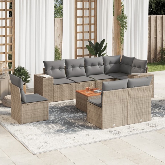 vidaXL 9-tlg. Garten-Sofagarnitur mit Kissen Beige Poly Rattan