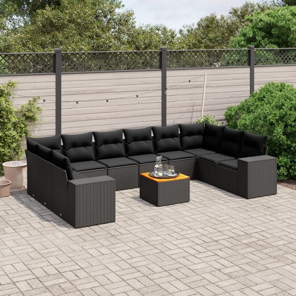 vidaXL 11-tlg. Garten-Sofagarnitur mit Kissen Schwarz Poly Rattan