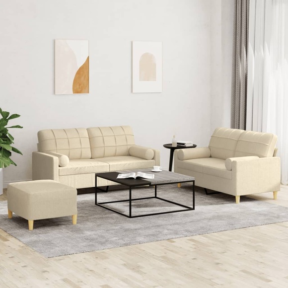 vidaXL 3-tlg. Sofagarnitur mit Kissen Creme Stoff