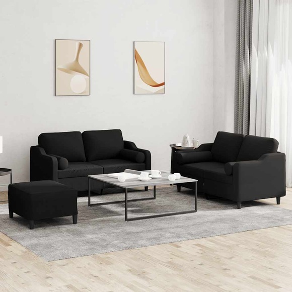 vidaXL 3-tlg. Sofagarnitur mit Kissen Schwarz Stoff