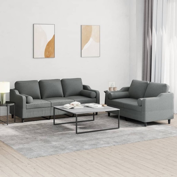 vidaXL 2-tlg. Sofagarnitur mit Kissen Dunkelgrau Stoff