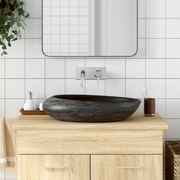 vidaXL Aufsatzwaschbecken Grau und Schwarz Oval 59x40x15 cm Keramik