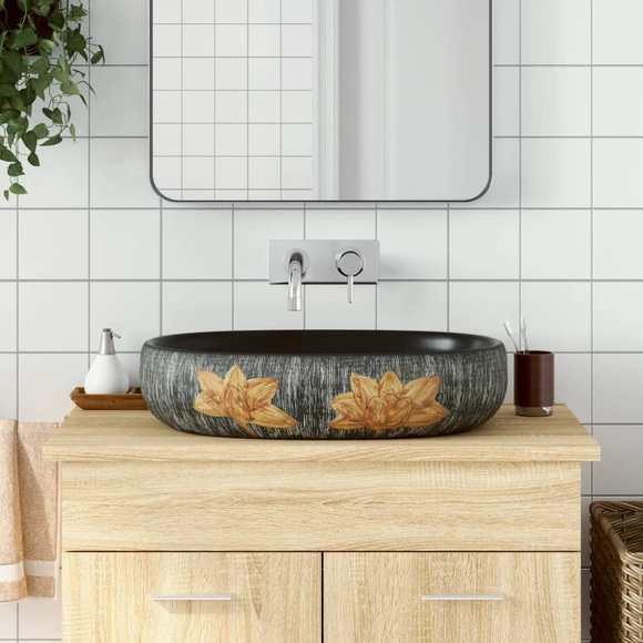 vidaXL Aufsatzwaschbecken Grau und Schwarz Oval 59x40x15 cm Keramik