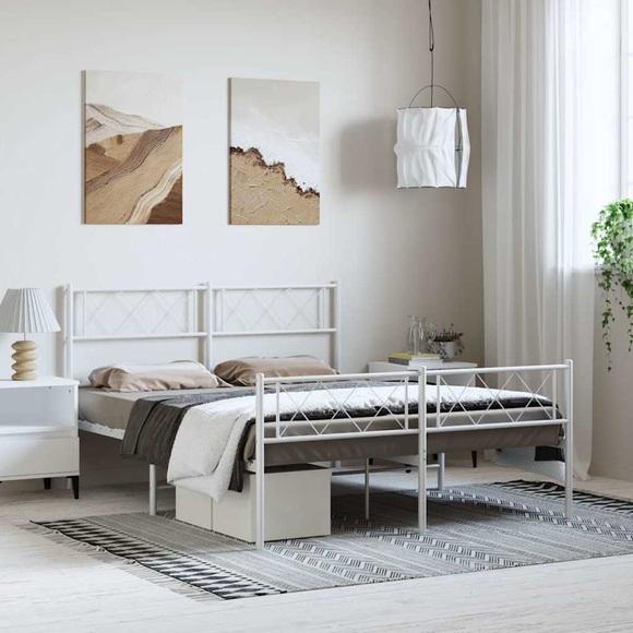 vidaXL Bettgestell mit Kopf- und Fußteil Metall Weiß 135x190 cm