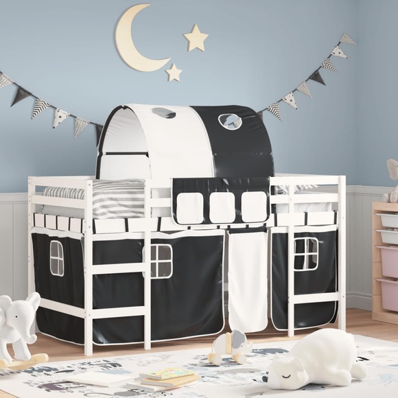 vidaXL Kinderhochbett mit Tunnel Weiß & Schwarz 90x200 cm Kiefernholz