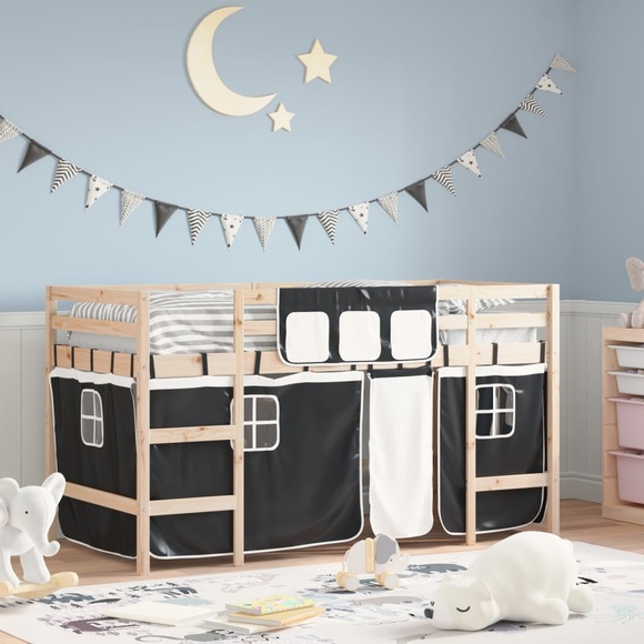 vidaXL Kinderhochbett mit Vorhängen Weiß und Schwarz Massivholz Kiefer