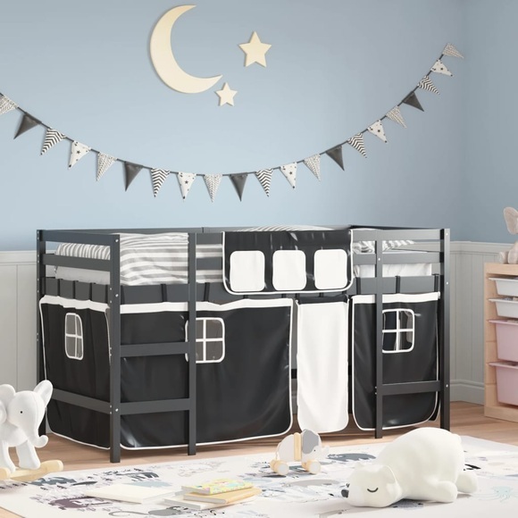 vidaXL Kinderhochbett mit Vorhängen Weiß Schwarz 90x190 cm Kiefernholz