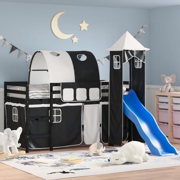 vidaXL Kinderhochbett mit Turm Weiß & Schwarz 90x200 cm Kiefernholz