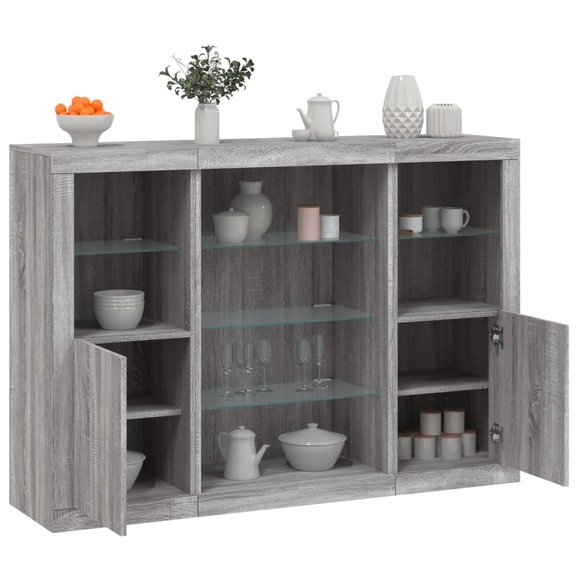 vidaXL Sideboards mit LED-Leuchten 3 Stk. Grau Sonoma Holzwerkstoff