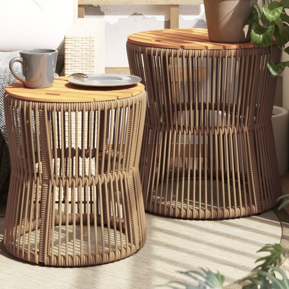 vidaXL Garten-Beistelltische 2 Stk. mit Holzplatte Beige Poly Rattan