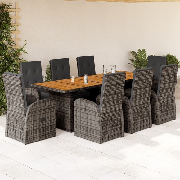 vidaXL 9-tlg. Garten-Essgruppe mit Kissen Grau Poly Rattan