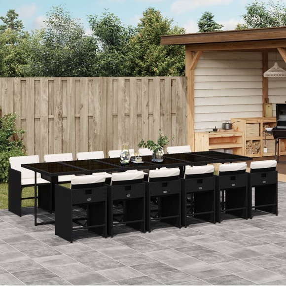 vidaXL 13-tlg. Garten-Essgruppe mit Kissen Schwarz Poly Rattan