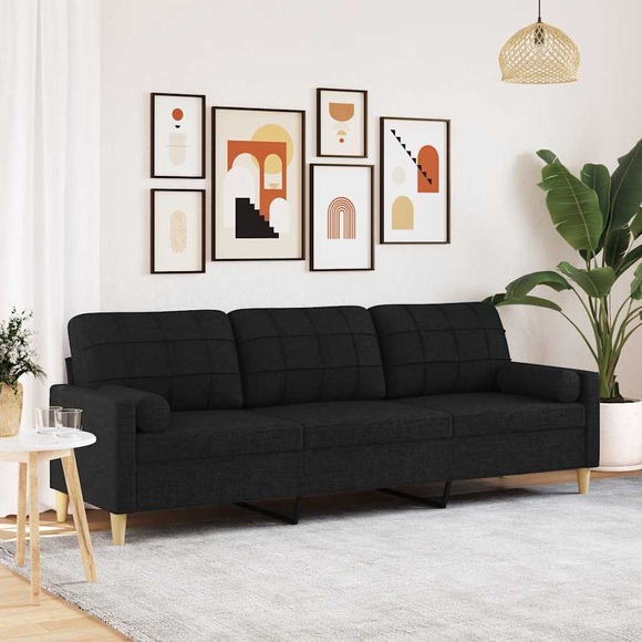 vidaXL Sofa 3-Sitzer mit Zierkissen Schwarz 210 cm Stoff