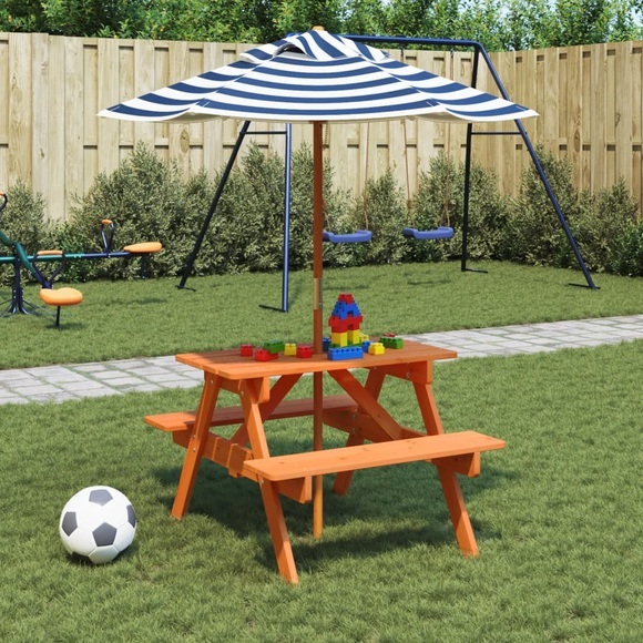 vidaXL Picknicktisch für 4 Kinder mit Sonnenschirm Massivholz Tanne