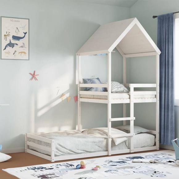 vidaXL Etagenbett mit Dach Weiß 90x200 cm Massivholz Kiefer