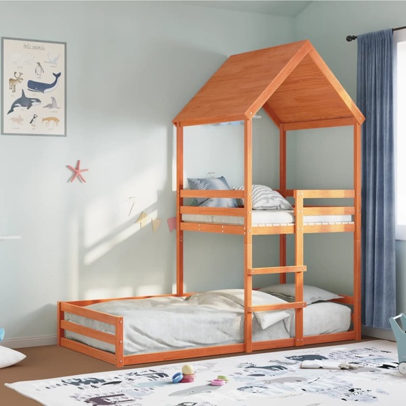 vidaXL Etagenbett mit Dach Wachsbraun 90x190 cm Massivholz Kiefer