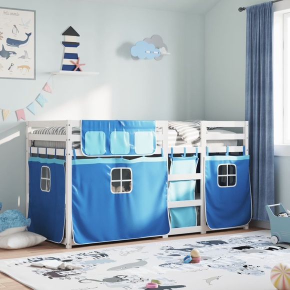 vidaXL Etagenbett mit Vorhängen Blau 80x200 cm Massivholz Kiefer