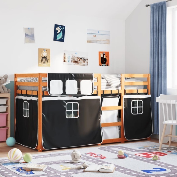 vidaXL Etagenbett mit Vorhängen Weiß & Schwarz 75x190 cm Kiefernholz