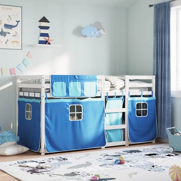 vidaXL Etagenbett mit Vorhängen Blau 90x190 cm Massivholz Kiefer