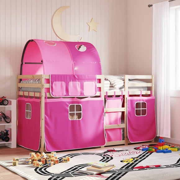 vidaXL Etagenbett mit Vorhängen Rosa 75x190 cm Massivholz Kiefer