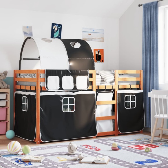 vidaXL Etagenbett mit Vorhängen Weiß & Schwarz 80x200 cm Kiefernholz