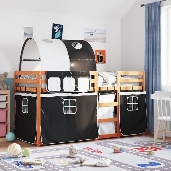 vidaXL Etagenbett mit Vorhängen Weiß & Schwarz 75x190 cm Kiefernholz